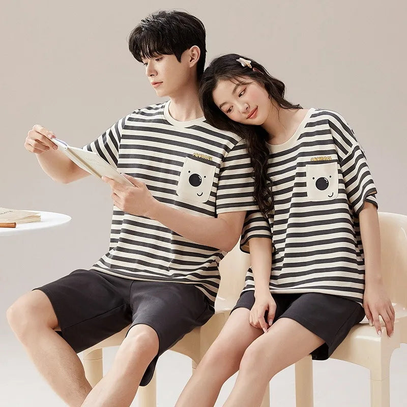 Couples Home Suit Women's Sleepwear Suit Man's Pajamas Set Cotton Short Sleeves Sleep Tops Shorts Pyjamas Nightwear Mujer Homme