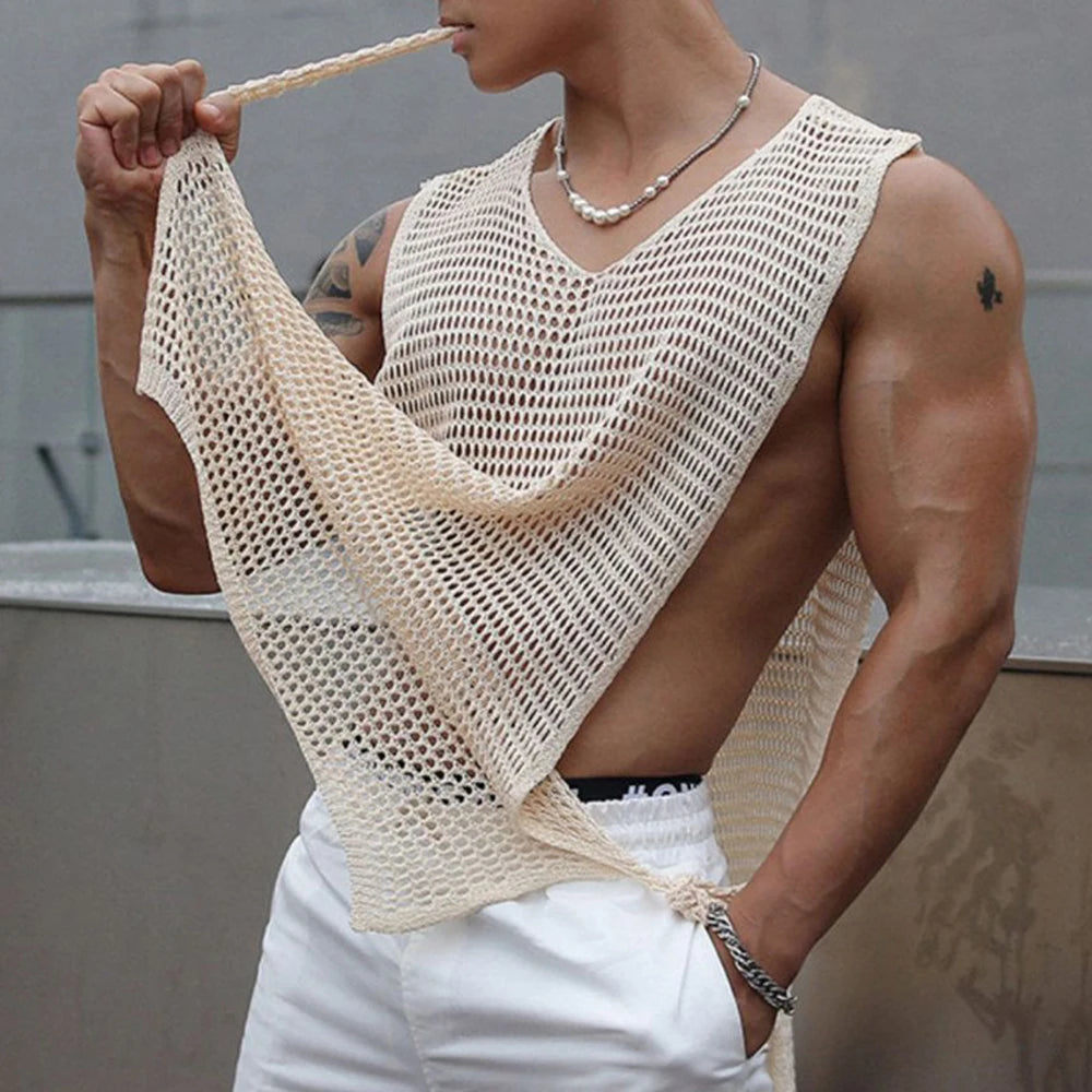 Mens Vest Side Hollow Straps See-Through Tank Top Summer Streetwear Niche Gym Loose Sleeveless T-Shirt Men'S Clothing 2025 New