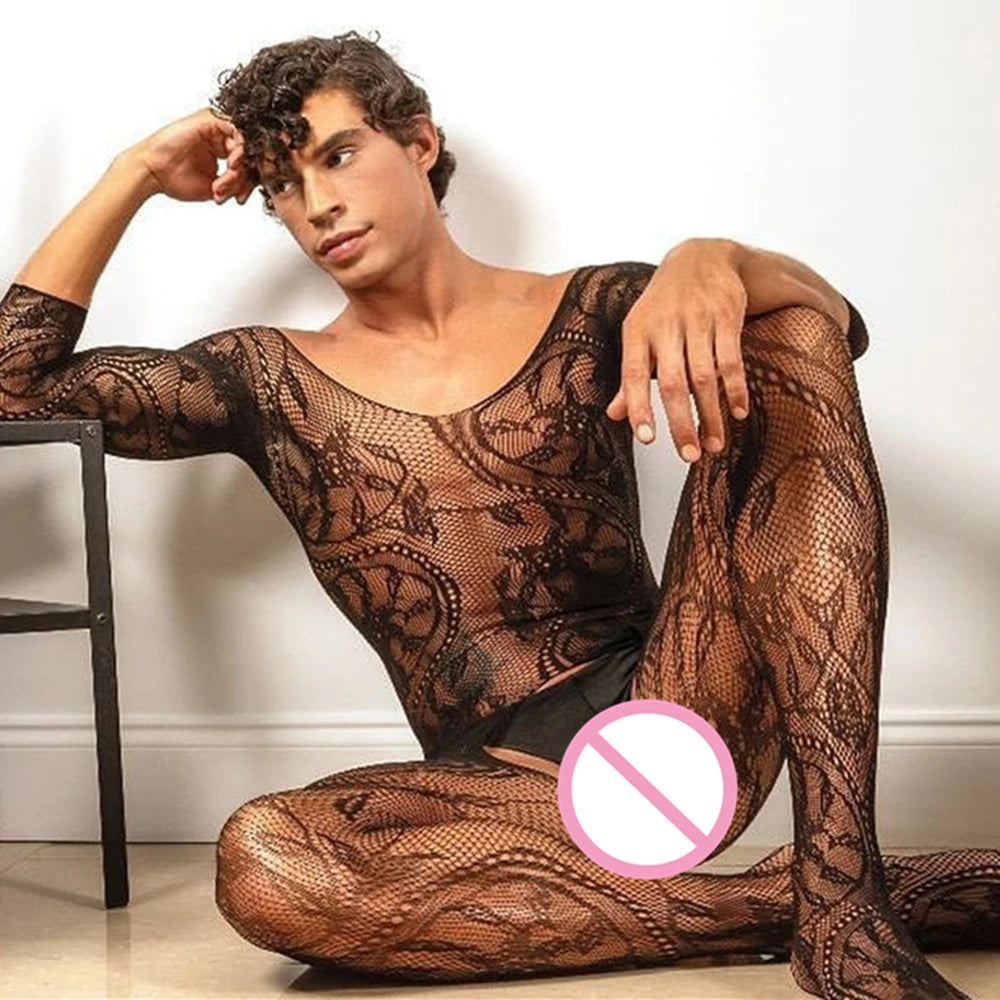Male Sexy Sleepwear Men Fashion Bodysuit Deep V Neck With Exposed Back Full Body Stockings Gay Costumes Mesh Club Nightwear