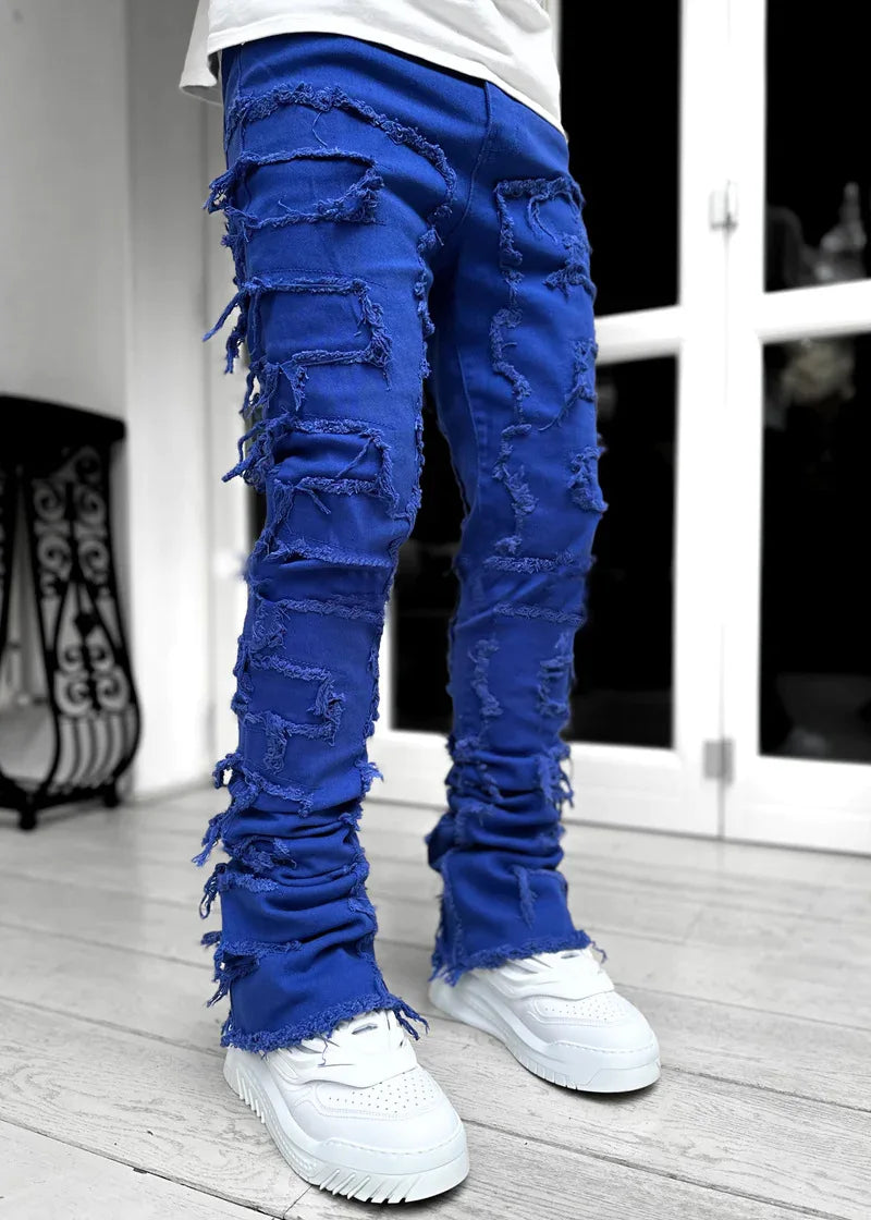 Men's Denim Straight Jeans with Tassels and Pockets