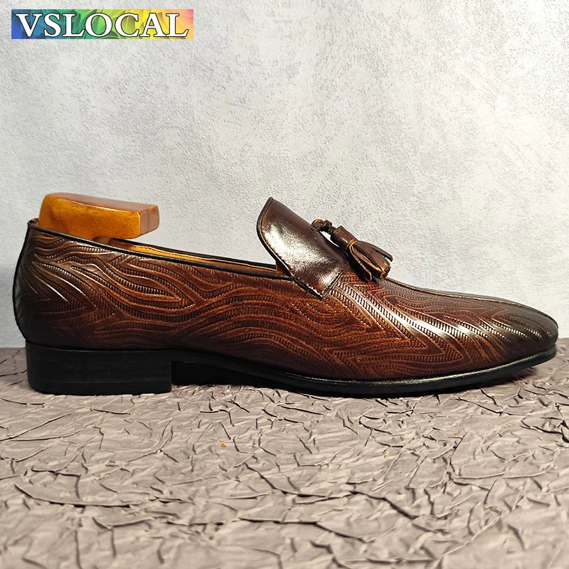 2025 Men's Loafers Shoes Black Brown Tassel Print Casual Mens Dress Shoes Office Wedding Genuine Leather Loafers For Men