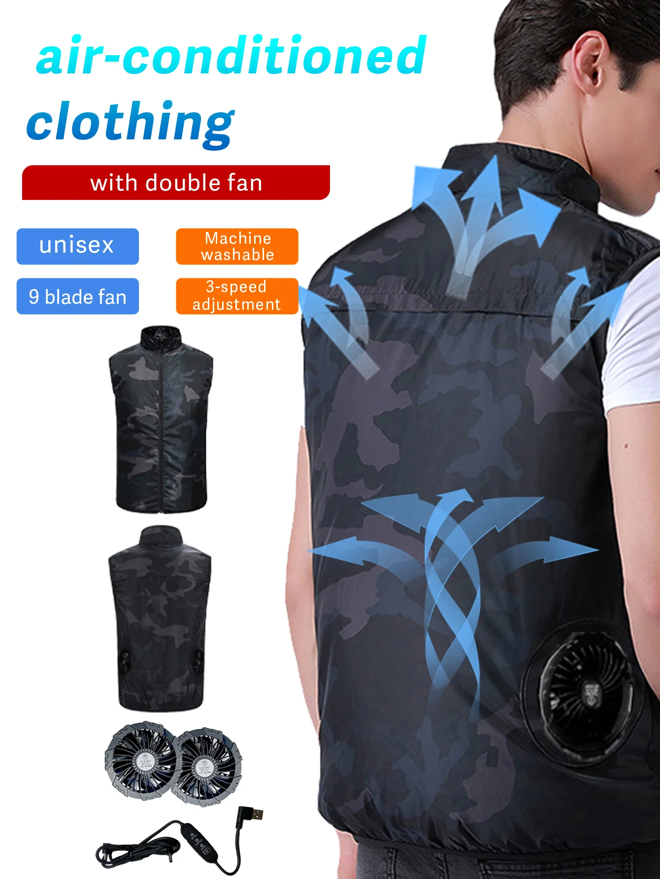 Men's Polyester Fan Cooling Vest with 3-Speed Adjustment