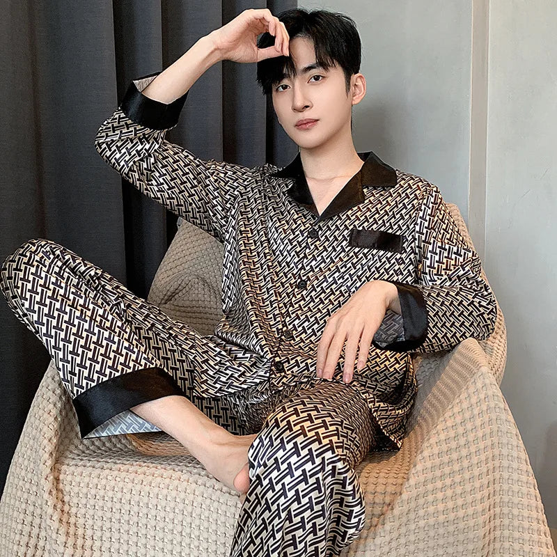 Silk Satin Pajamas for Men Sleepwear Cozy Soft Print Long Sleeve Nightgown Tops + Trousers Two Pieces Mens Pajama Set