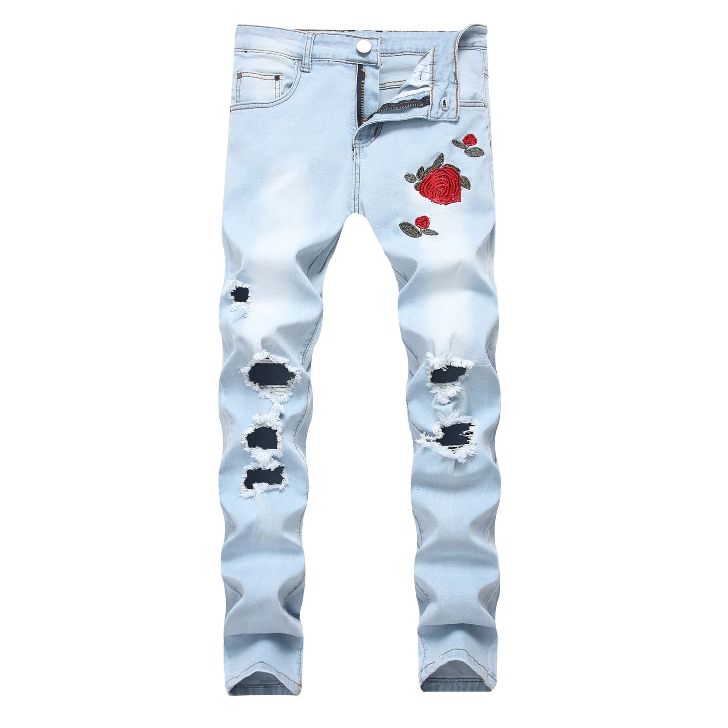 Men's Casual Denim Jeans with Embroidered Roses