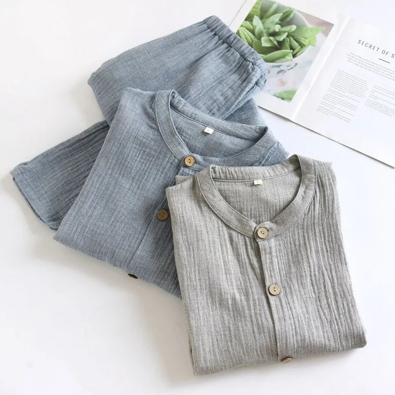 Solid Color Loungewear Set for Men 100% Cotton Muslin Pajamas Loose Round Neck Smoky Blue Sleepwear 2 Piece Autumn Home Clothes