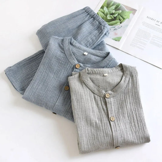 Solid Color Loungewear Set for Men 100% Cotton Muslin Pajamas Loose Round Neck Smoky Blue Sleepwear 2 Piece Autumn Home Clothes