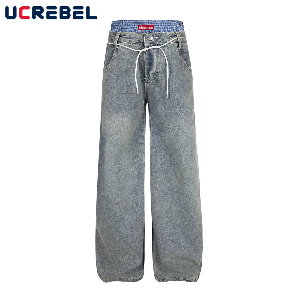 Double Waist Jeans Mens with Belt Retro High Street Loose Straight Wide Leg Washed Distressed Denim Pants Men