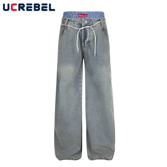Double Waist Jeans Mens with Belt Retro High Street Loose Straight Wide Leg Washed Distressed Denim Pants Men