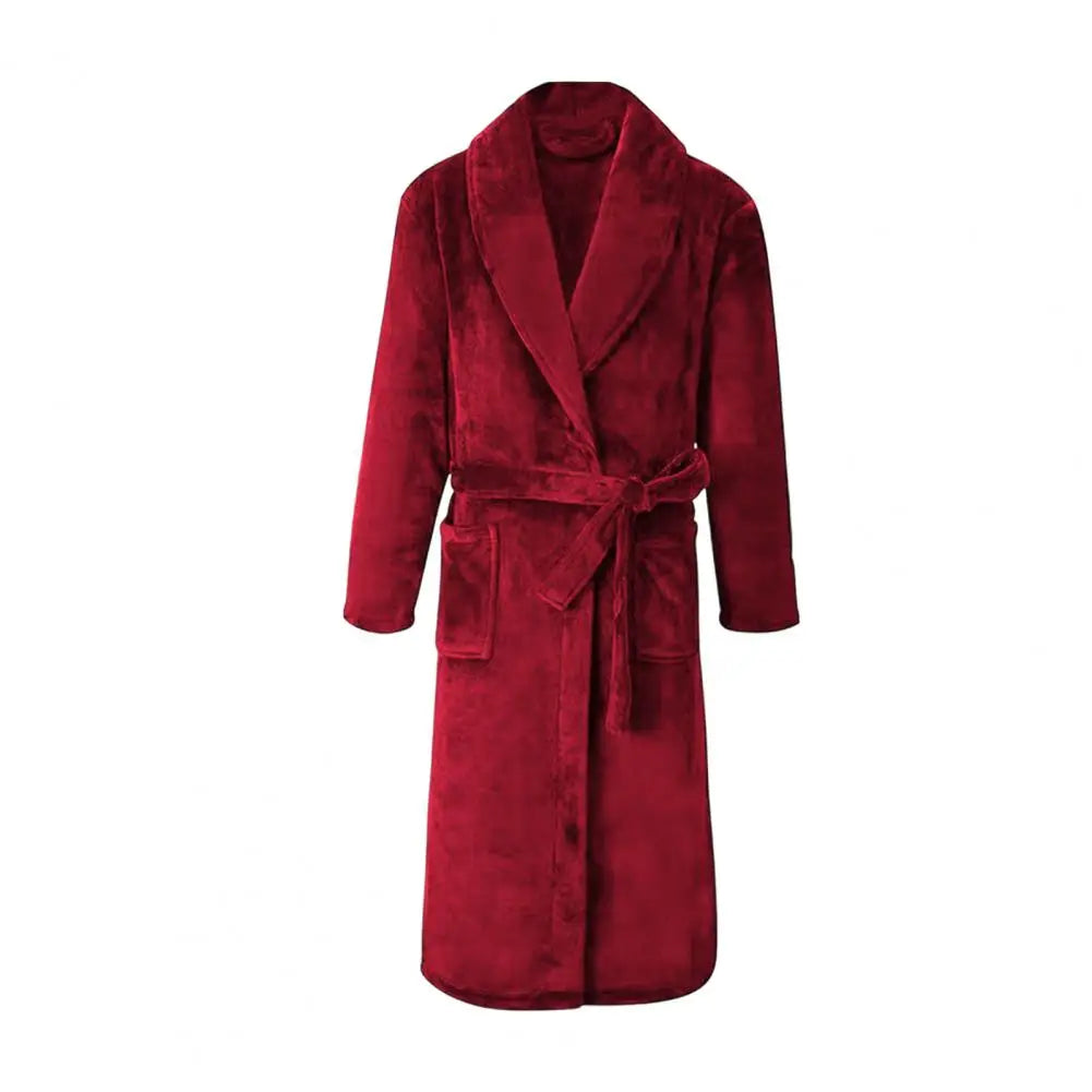 Men Women Bath Robe Lapel Long Sleeve Knee-Length Bathrobe With Belt Pockets Flannel Soft Loungewear Nightwear Plush Spa Robe