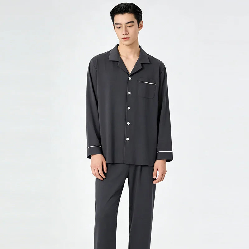 Men's  Cotton Pajamas Set Button-Down Warm Pijamas Hombre Soft Breathable Cotton Sleepwear Homeclothes PJ Grey Loungewear