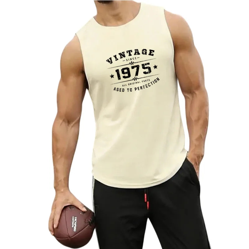 European Mens Summer Vest Print Round Neck Breathable Mesh Workout Top for Running Gym Fitness Athletic Sleeveless Clothing