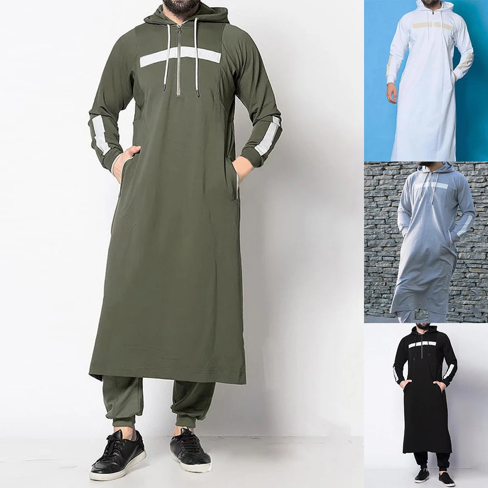 Mens Tops Muslim Middle Eastern Islamic Arabic Clothing Loose Striped Long Sleeve Drawstring Pockets Full Length Hooded Robe