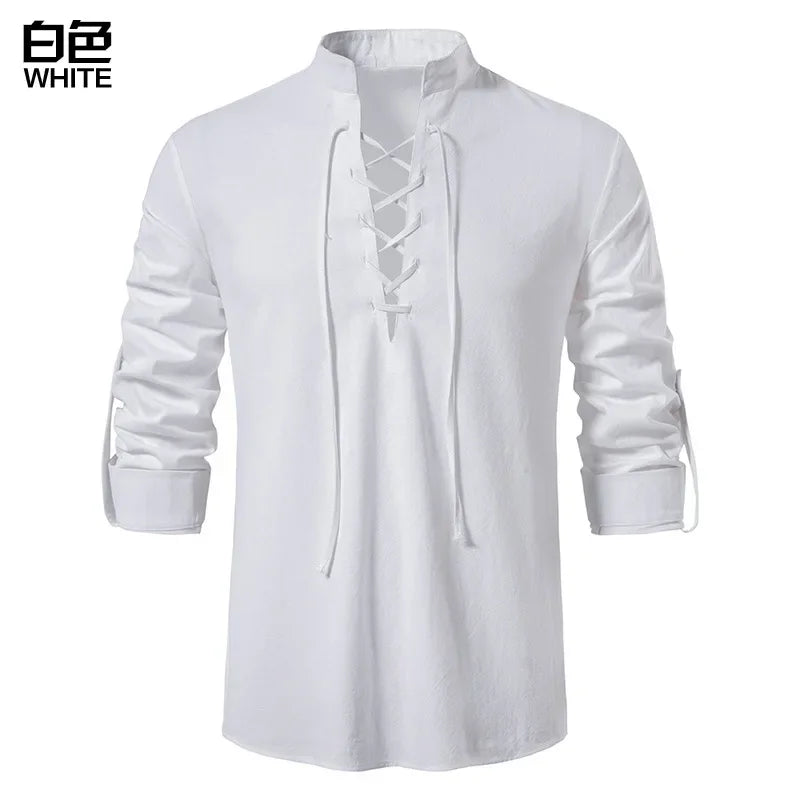 NONE 2026 + Men's Casual Blouse Cotton Linen Shirt Top