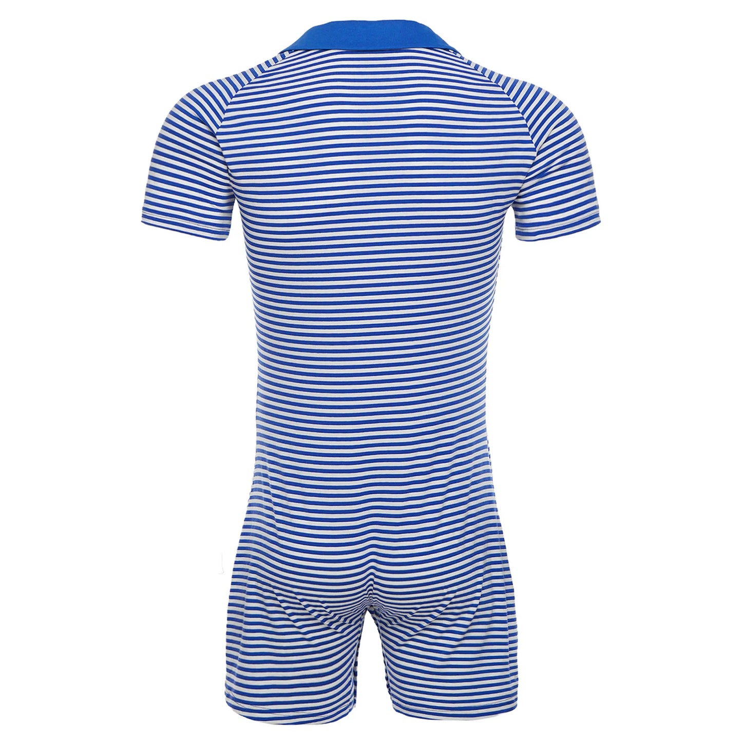 Men Cozy Striped Pajamas Bodysuit Turn-down Collar Buttoned Crotch Jumpsuits Short Sleeve Homewear Loungewear for Leisure Time