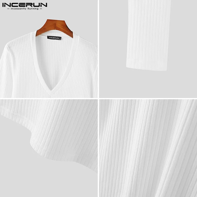 Handsome Well Fitting Tops INCERUN 2024 Men's Solid V-neck Knitted T-shirts Summer Casual Streetwear Long Sleeved Camiseta S-5XL