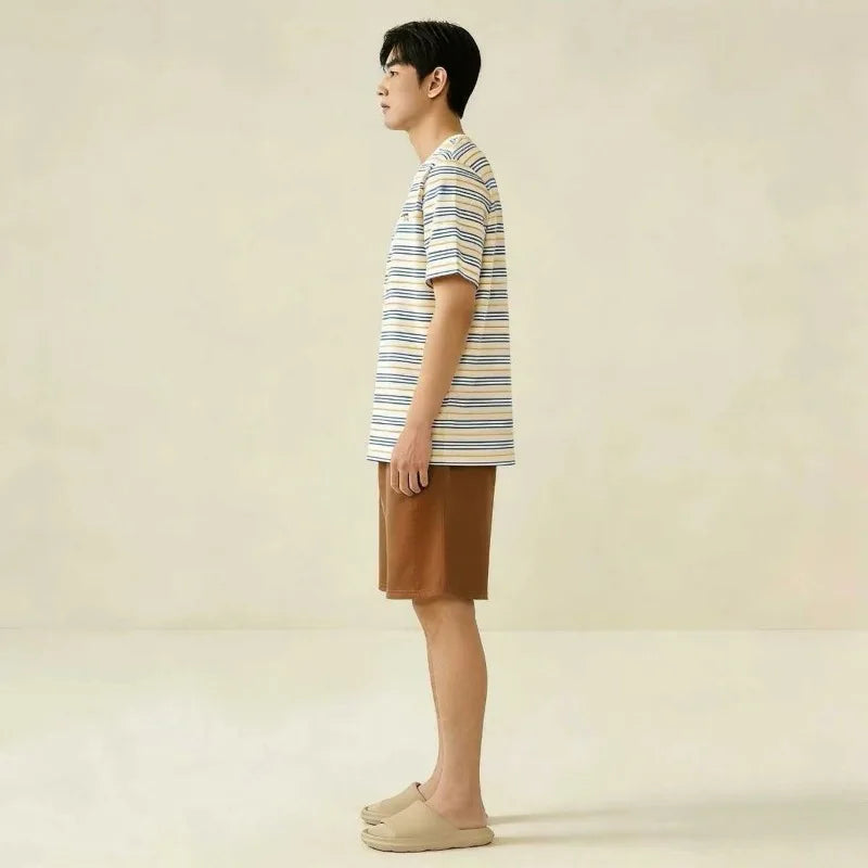 Men's Modal Loungewear Set Striped Short Sleeve T-shirt and Shorts Casual Summer Pajamas