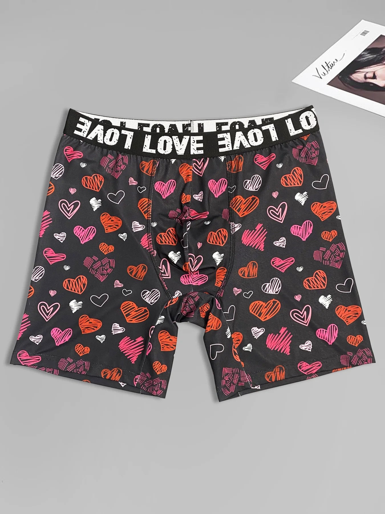 Men's Black Printed Boxer Shorts with Lips and Hearts
