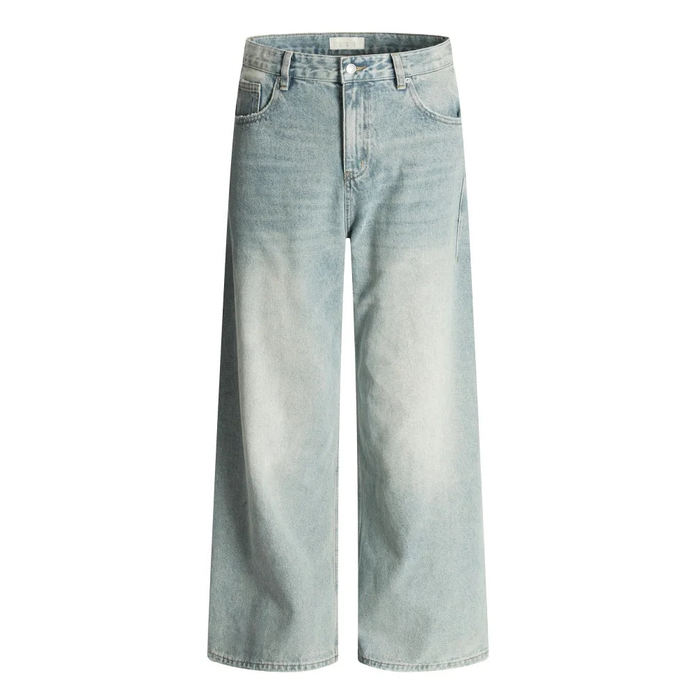 Ripped Straight Jeans Mens Pocket Retro Casual Washed Distressed Baggy Wide Leg Denim Pants Man