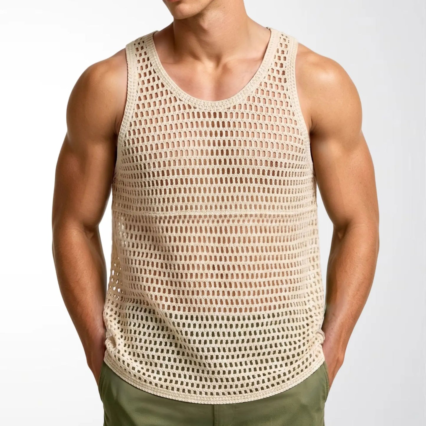New Summer Men Sexy Mesh Tank Tops Transparent Fishnet Tops Male Vintage Knitted Sleeveless Tops Hollow Out Sports Fitness Tees