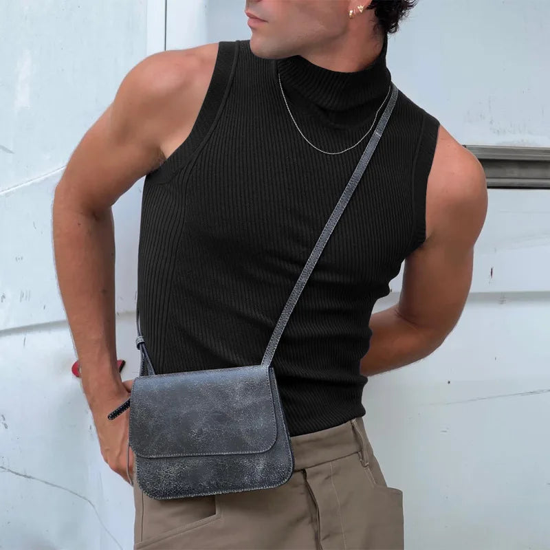 Men's Clothing Sexy Skinny Solid Color Tank Tops High Colalr Sleeveless Gym Streetwear Leisure Vests Party Basic Shirt S-3XL
