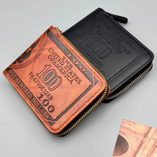 Zipper Men Wallet with 100 US Dollar Pattern Male Leather Wallet