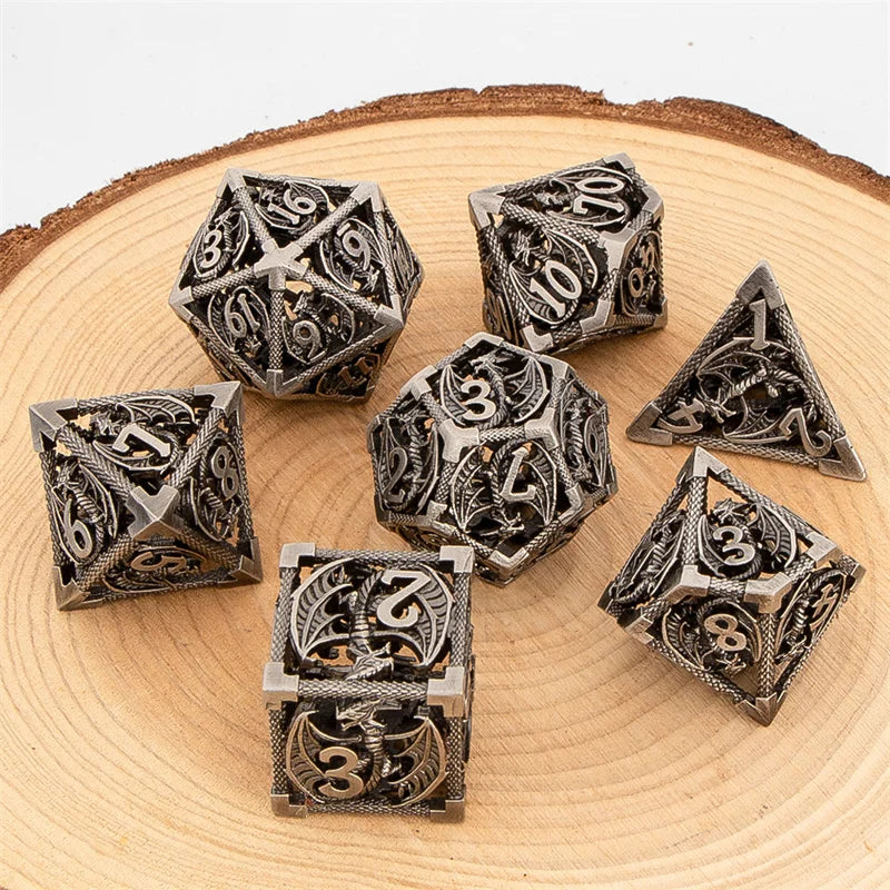 GSF Polyhedral Metal Dragon D&D Dice Set for Dungeons and Dragons Hollow Metal Dice