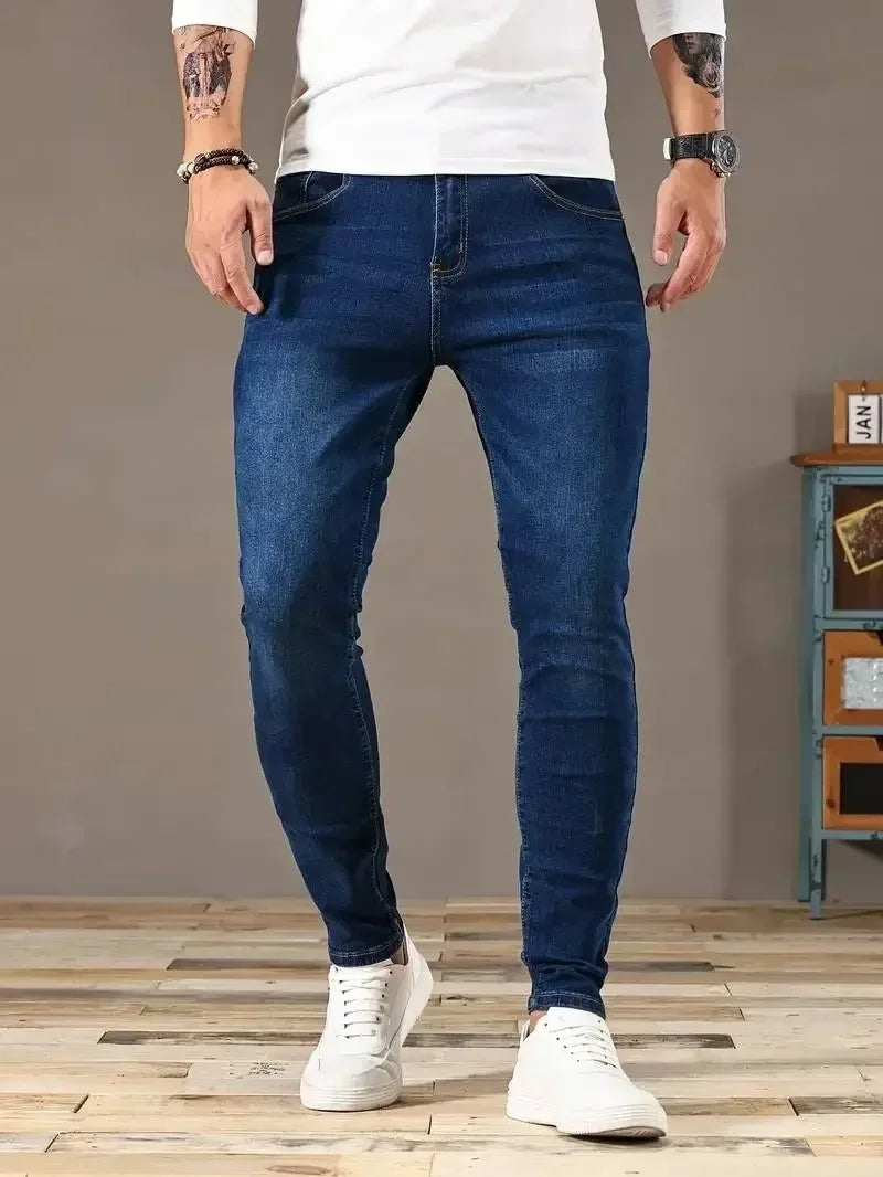 Mens Slim Fit Classic Skinny Jeans Denim Blue Casual Style