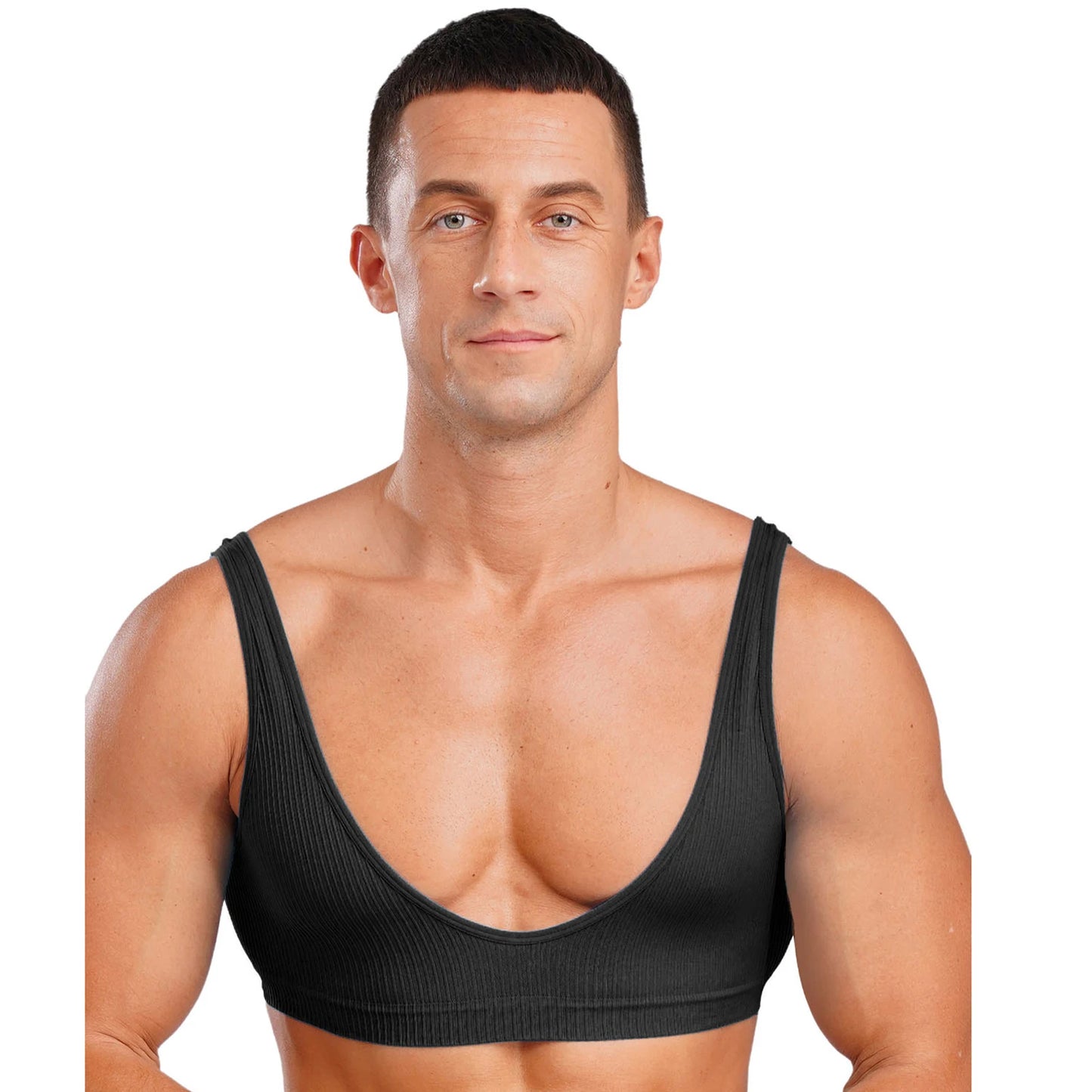 Mens Stretchy Muscle Tanks Top Deep V Neck Clubwear Sleeveless Ribbed Cropped Tops Male Gym Bodybuilding Fitness Sports Bra Vest