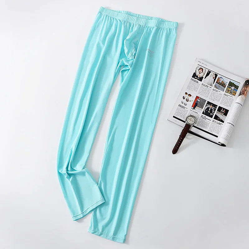 Mens Ice Silk Long Johns Homme Sleepwear Underwear Bottom Trousers Ultra-Thin Thermal Underwear Bottoms
