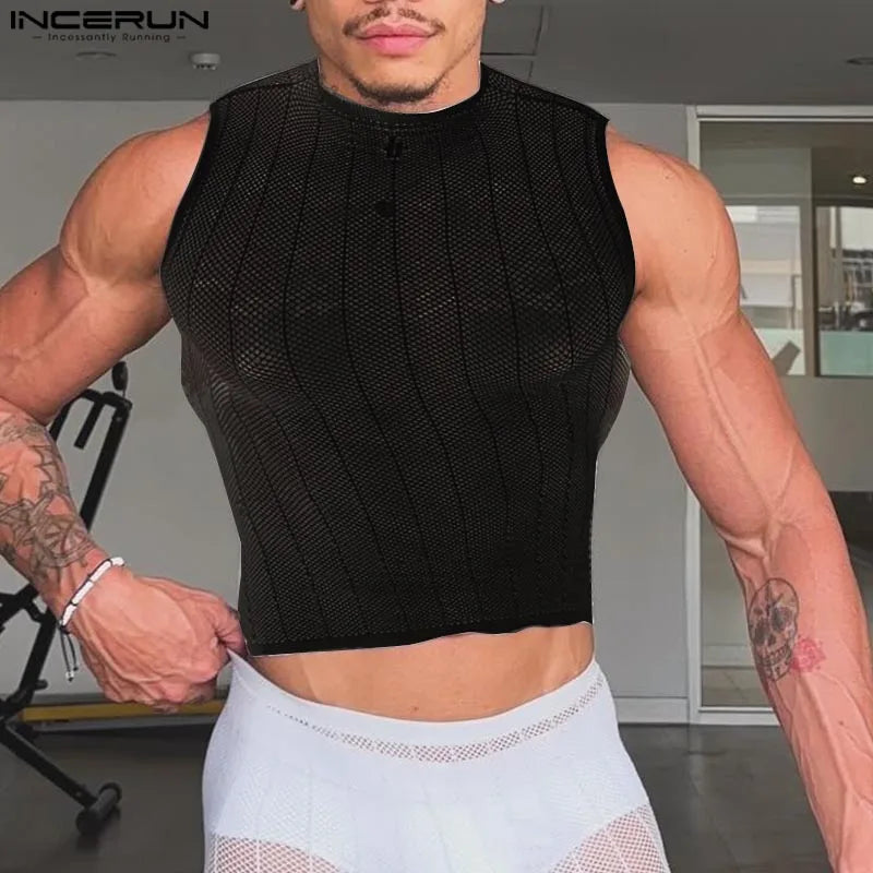 Men Tank Tops Mesh See Through O-neck Sleeveless Sexy Striped Male Crop Tops Streetwear Summer Party Fashion Men Vests S-5XL