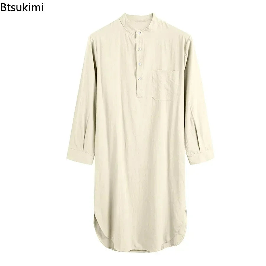 Muslim Fashion Abayas for Men Sleep Robes Solid Cotton Long Sleeve Comfortable Leisure Nightgown Mens Bathrobes Homewear Robes