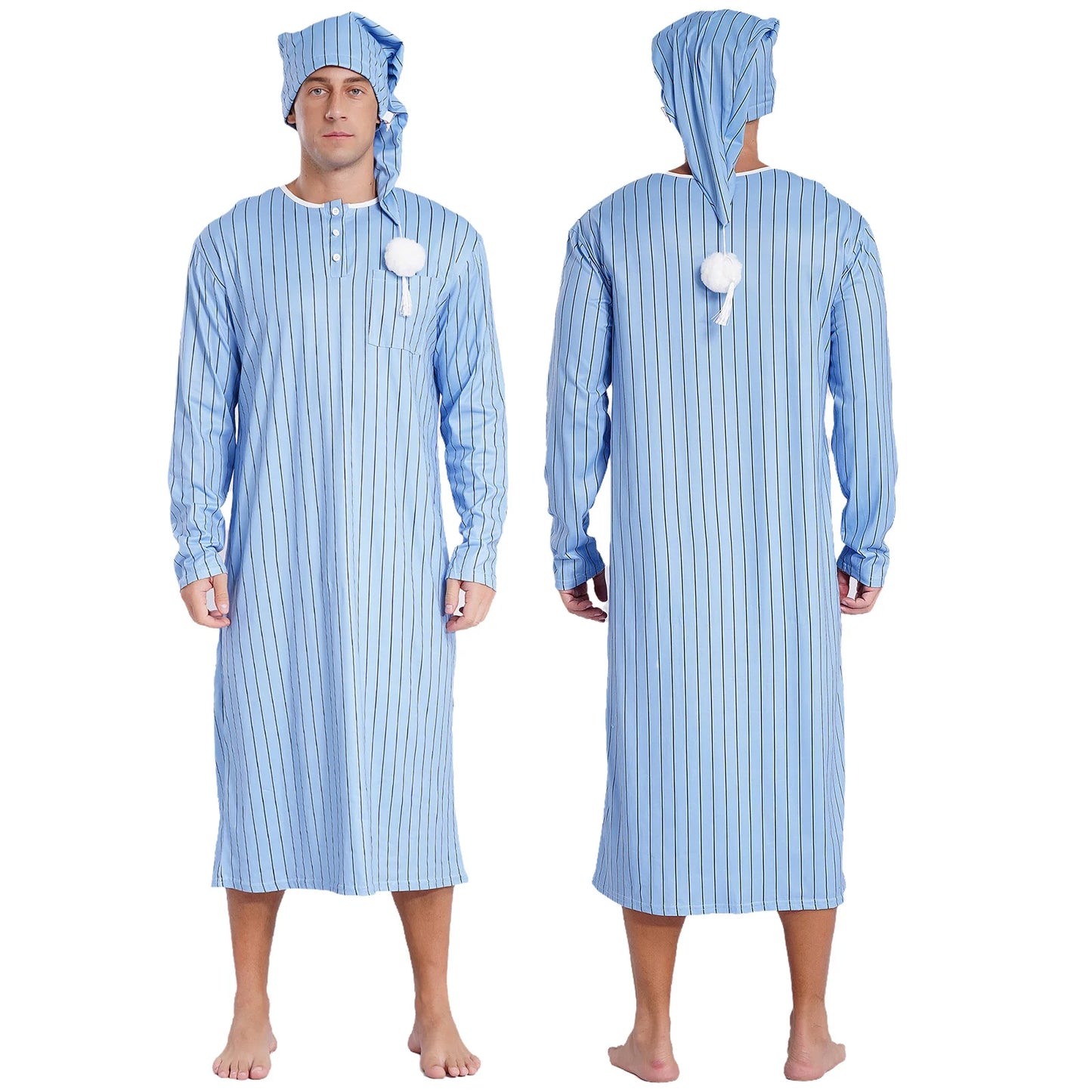 Mens Sissy Nightgown Striped Sleep Robe with Hat Set Complete Sleepwear Comfortable Loungewear Homewear for Holiday Nights