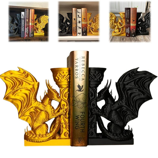 BookShelf in Gold + Black Dragon Bookends 3D Printed Animal Dragon