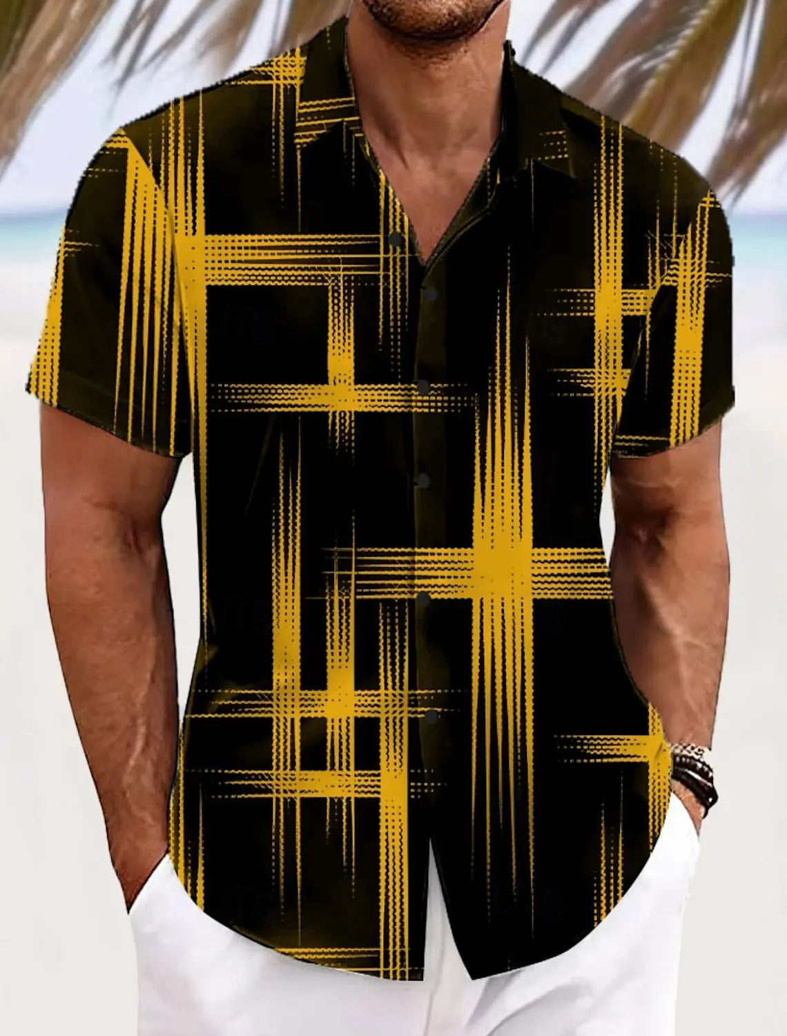 Men's Short Sleeve Geometric Plaid Hawaiian Shirt