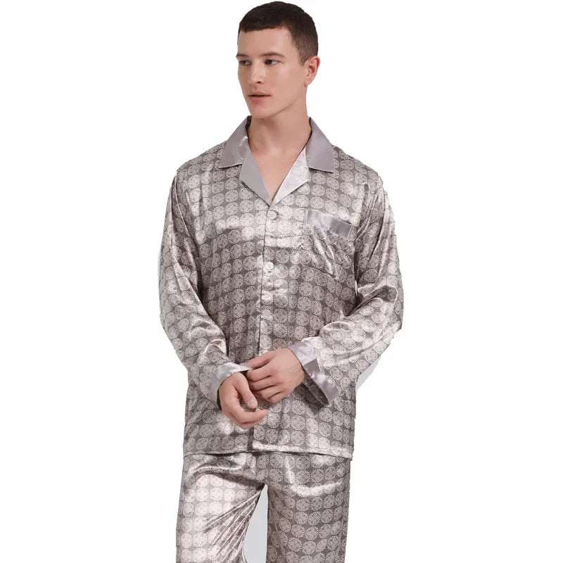 Silk Satin Pajamas for Men Sleepwear Cozy Soft Print Long Sleeve Nightgown Tops + Trousers Two Pieces Mens Pajama Set