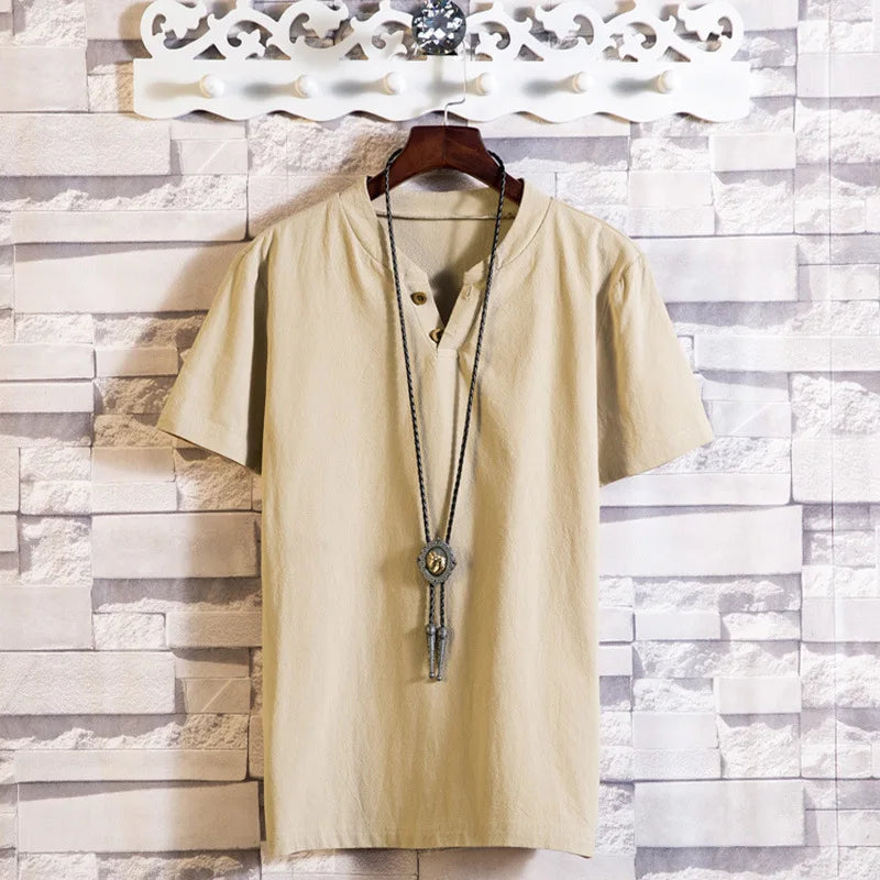 Men's Casual V Neck Short Sleeve Linen T-shirt