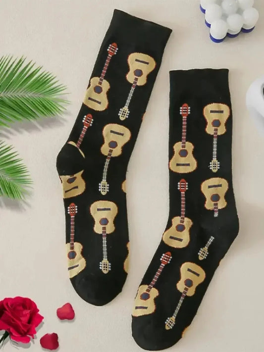 Men's Crew Socks with Guitar Print for Casual Wear