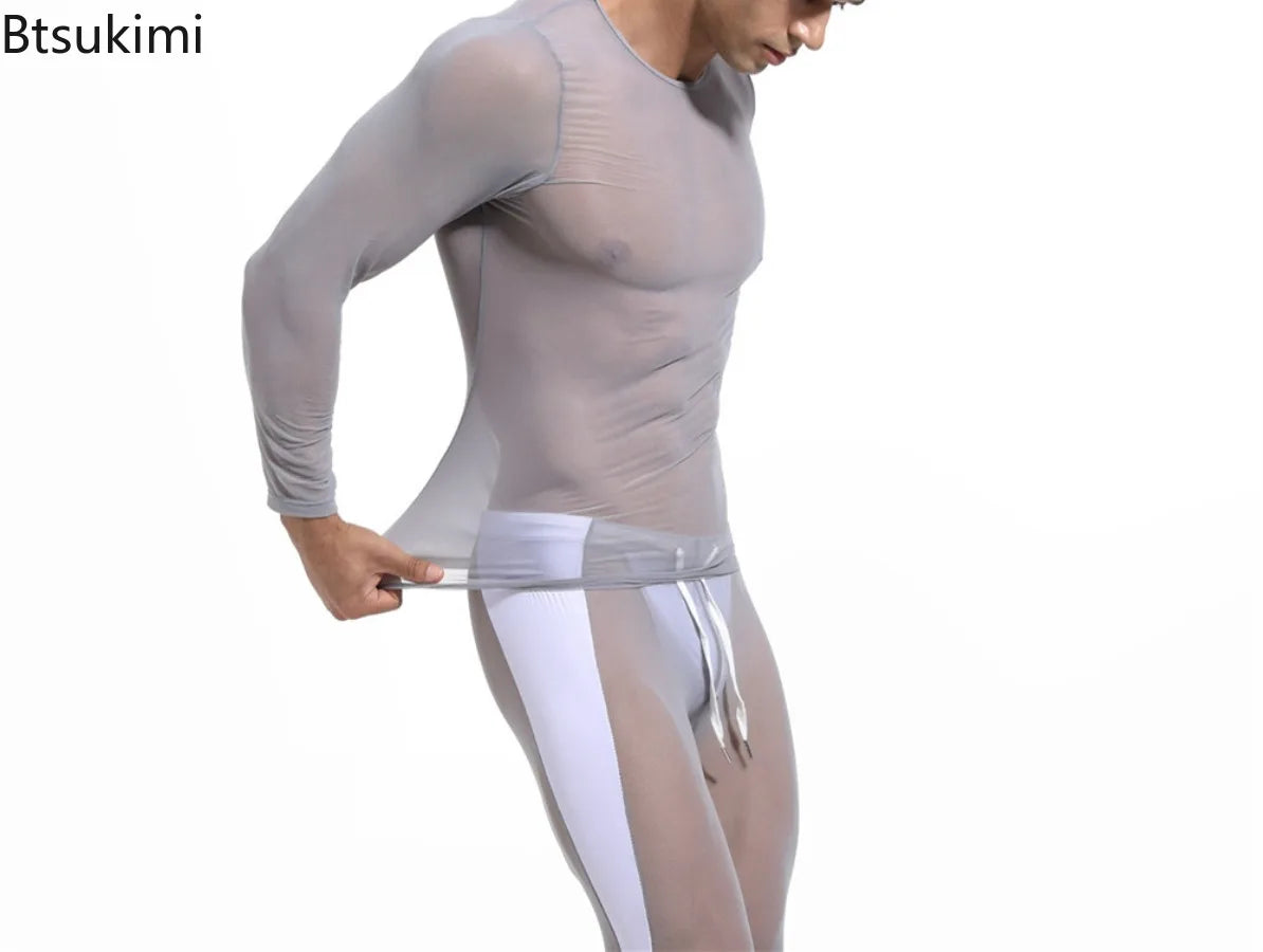 2026 Men's Sexy Mesh T-shirts High Elastic Transparent Long Sleeve Tops Men Sport Fitness Compression Tees See Through Gym Wear