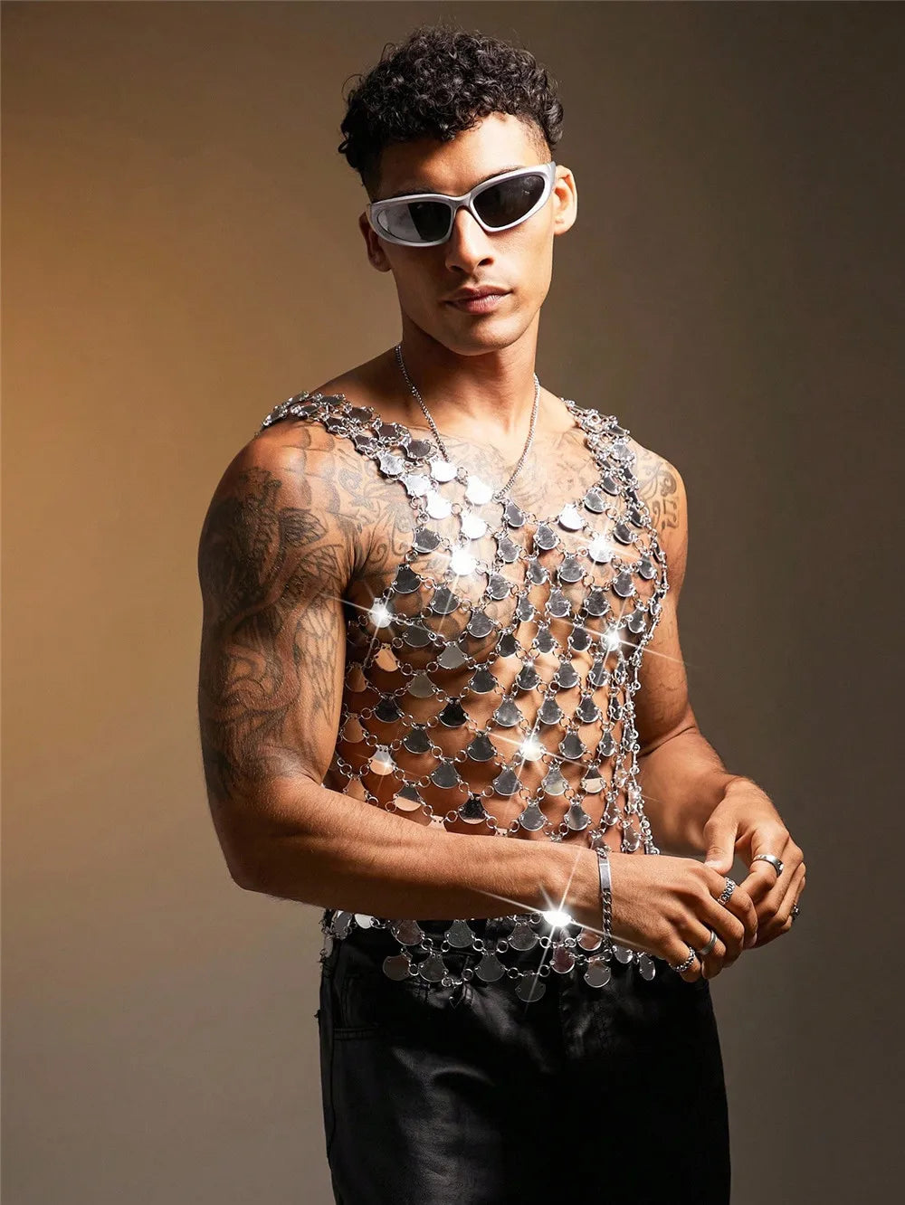 Men's Tops For Party Acrylic Shiny Mirror Vests Nightclub Top Trendy Laser Reflective Outfit Sexy Sleeveless Vests