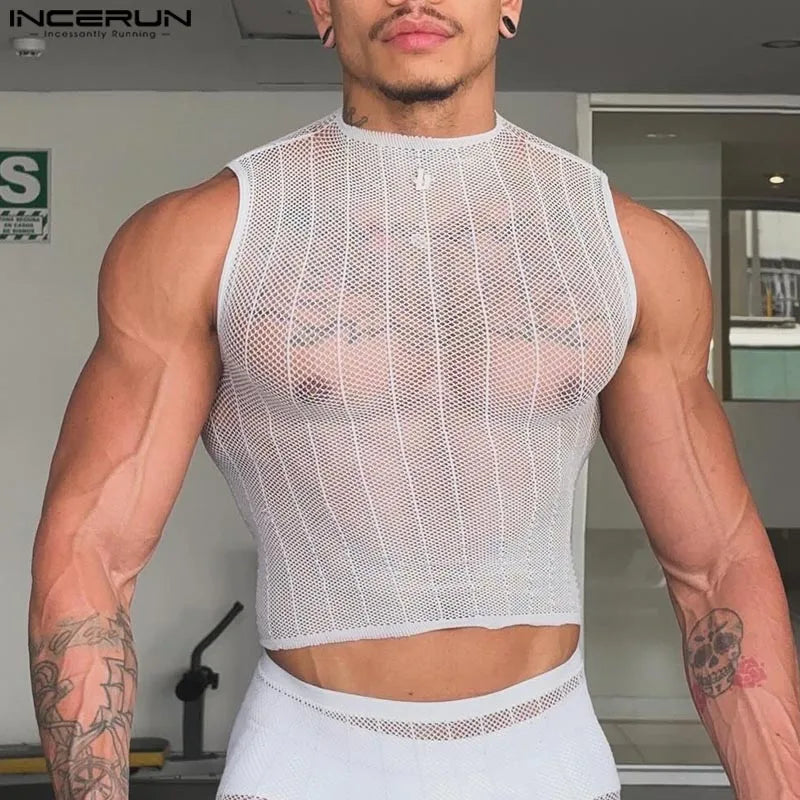 Men Tank Tops Mesh See Through O-neck Sleeveless Sexy Striped Male Crop Tops Streetwear Summer Party Fashion Men Vests S-5XL