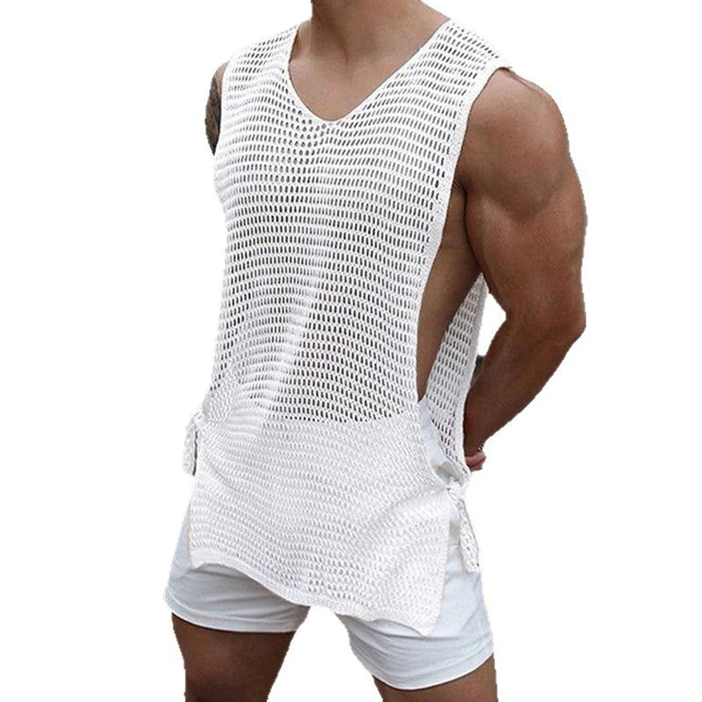 Mens Vest Side Hollow Straps See-Through Tank Top Summer Streetwear Niche Gym Loose Sleeveless T-Shirt Men'S Clothing 2025 New