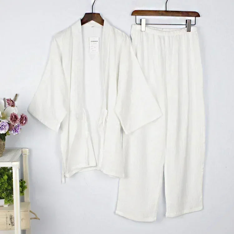 2026 Men's 100% Cotton Cotton Crepe Cloth Pajamas Sets Plus Size Loose V-neck Kimono Bathrobes and Pants Couple Lounge Sleepwear