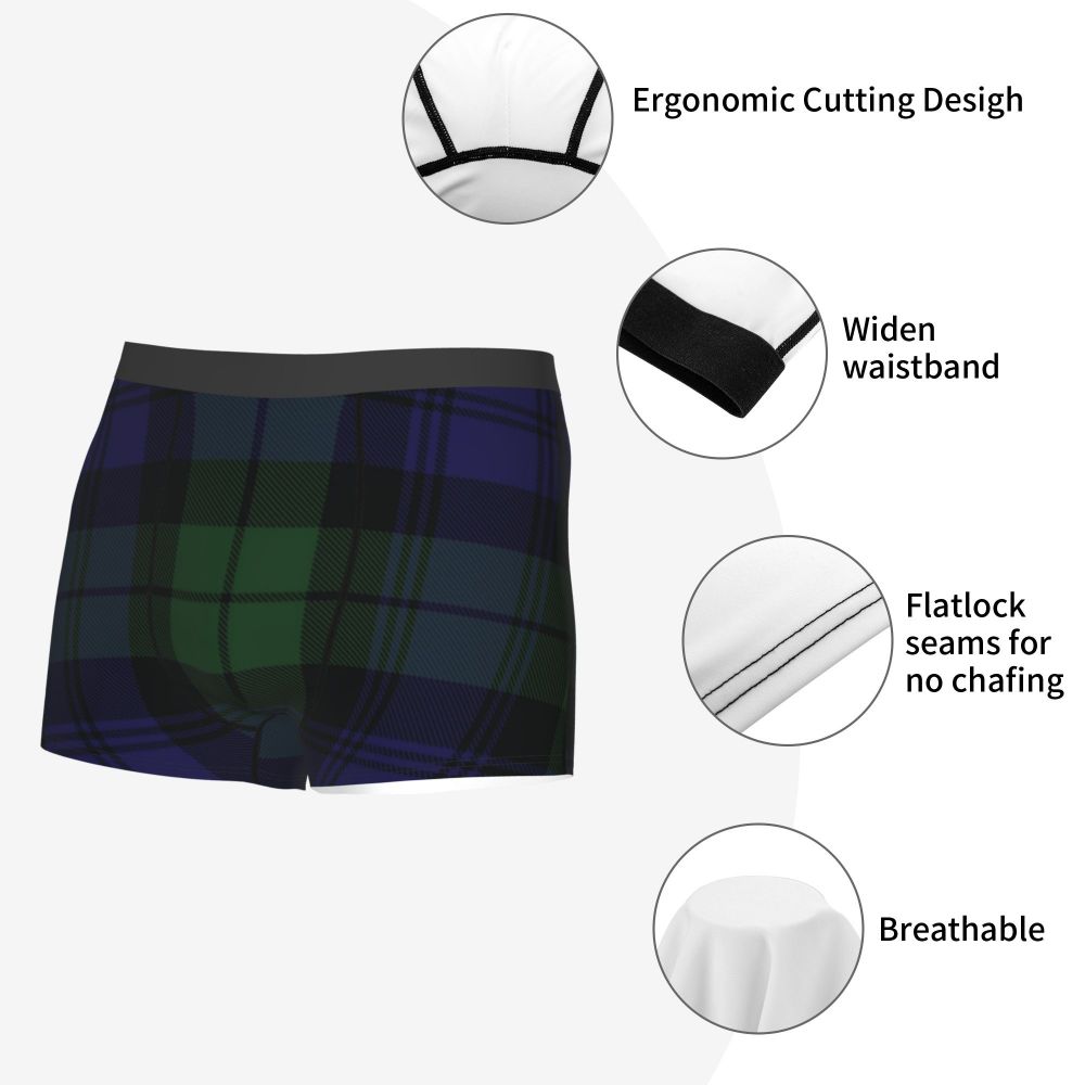 Black Watch Tartan Boxer Shorts for Men in Lycra and Polyester