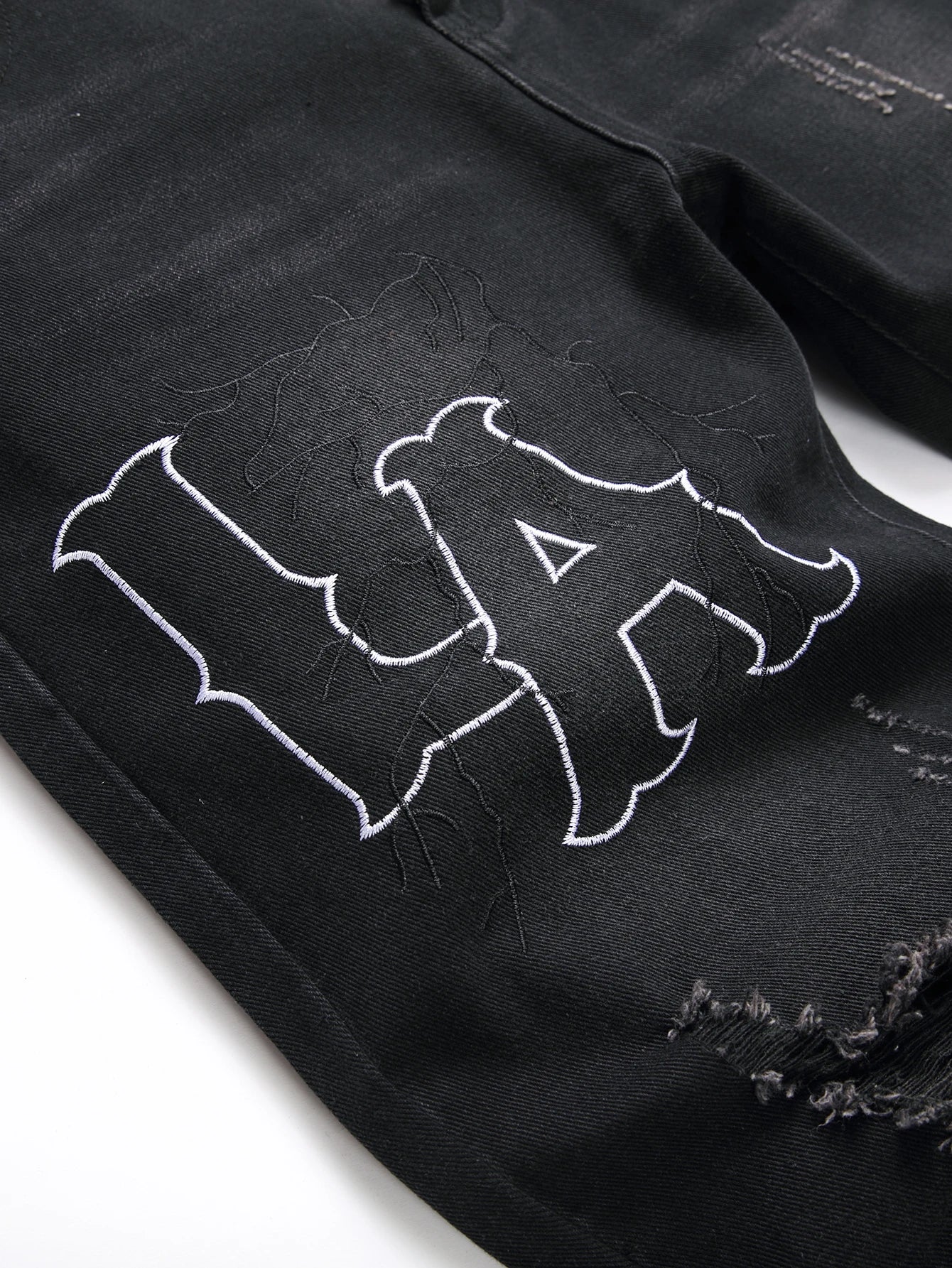 Men's Black Denim Slim Fit Jeans with White Embroidery