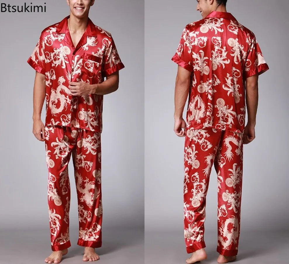2026 Spring Summer Loungewear Short Sleeves Long Pants Pajama Set Men Printed Satin Silk Pyjamas Male Pajamas Household Clothes