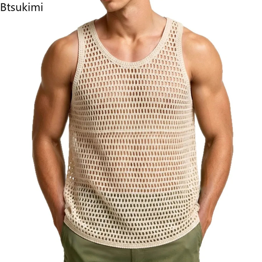 New Summer Men Sexy Mesh Tank Tops Transparent Fishnet Tops Male Vintage Knitted Sleeveless Tops Hollow Out Sports Fitness Tees