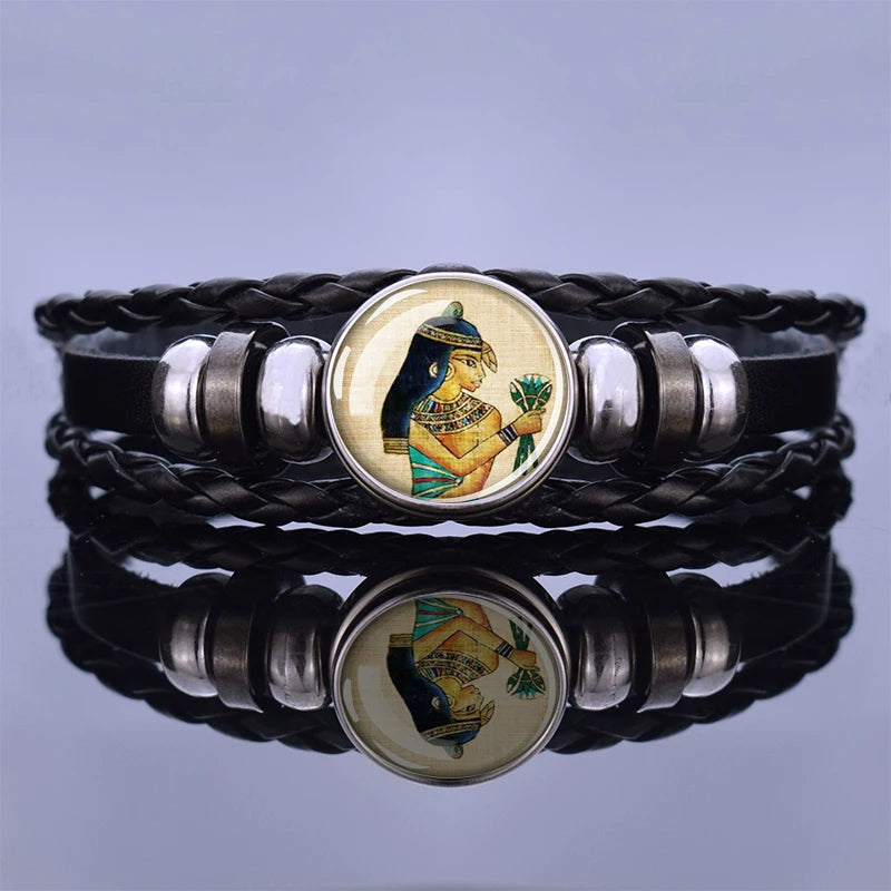 Egyptian Ankh Cross Punk Bracelet Vintage Ancient Egypt Anubis Scarab Goddess Woven Multilayer Bracelets Jewelry Gift