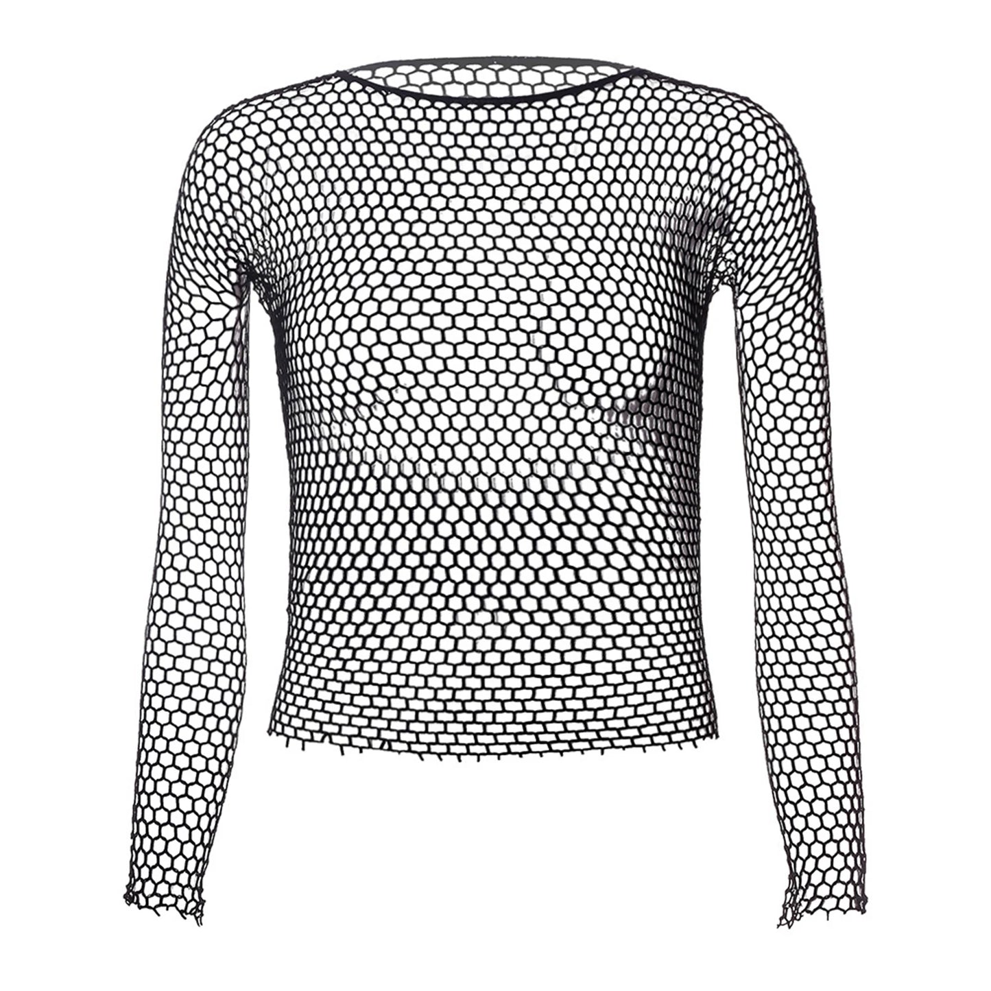 Men Sexy Sheer See-Through Fishnet Pole Dancing Tops Exotic Long Sleeve High Stretch Mesh T-Shirt Nightclub Club Performance Top
