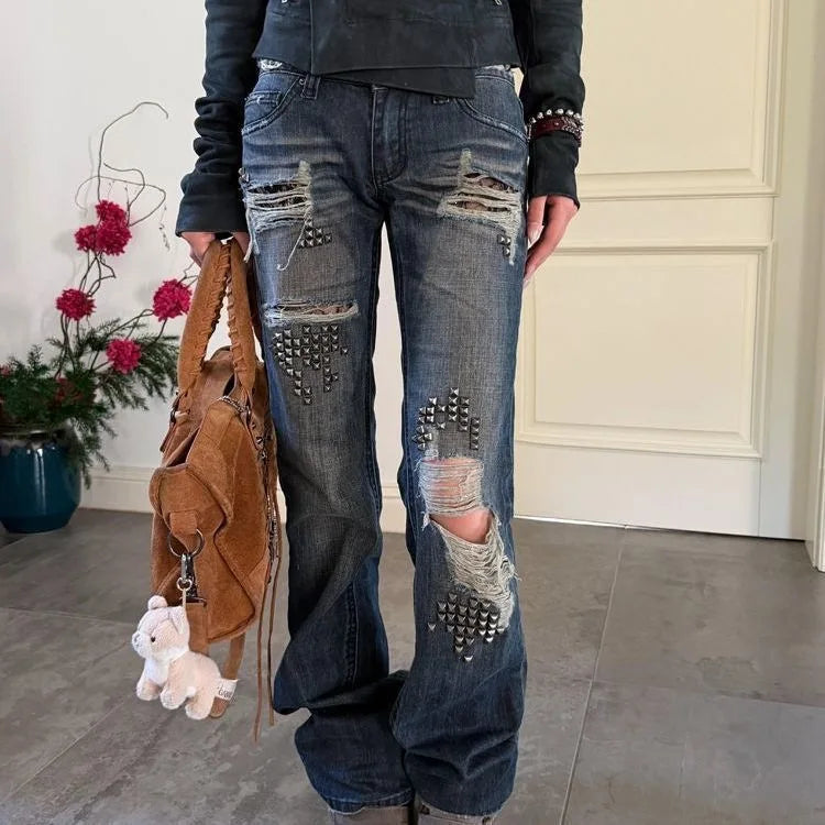Vintage Y2K Studded Patchwork Denim Jeans for Men