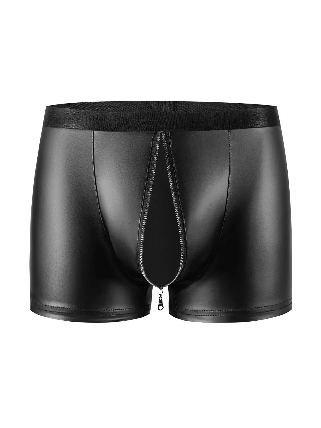 Men's Black PU Leather Boxer Shorts with Zipper U Pouch